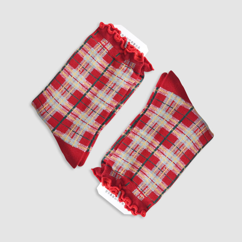 جوراب ساقدار زنانه لبه چین دار طرح چهارخانه - قرمز