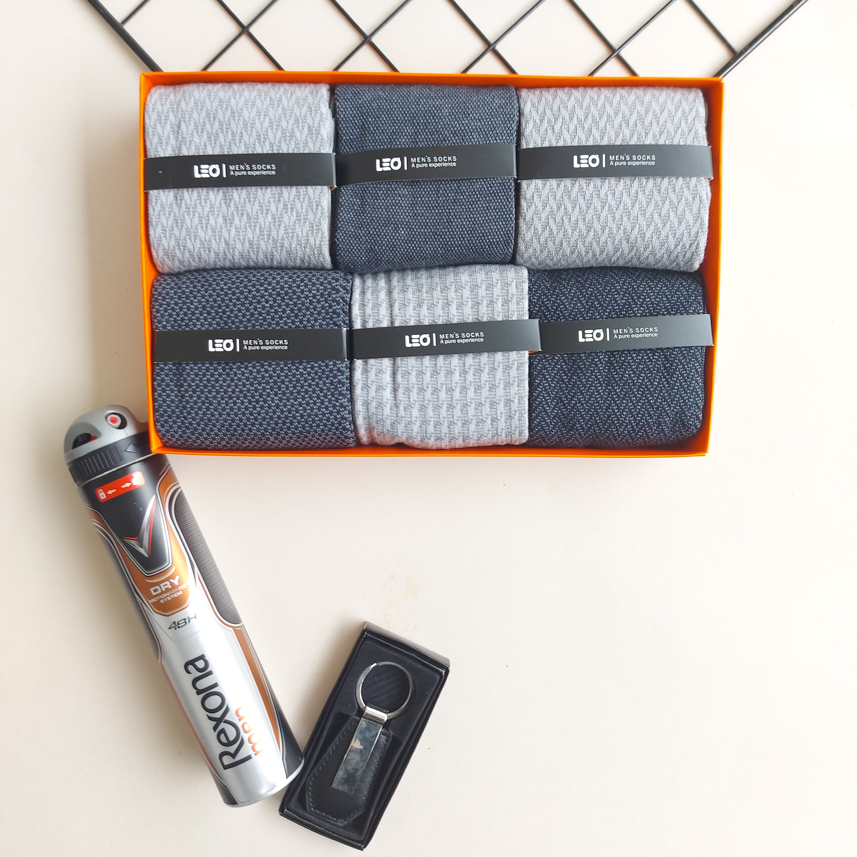 پک جوراب 6 جفتی مردانه طرح ترکیبی سورمه ای طوسی کد 107